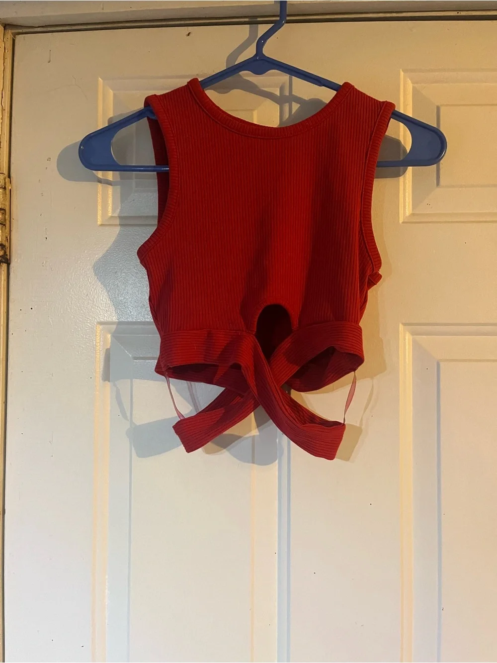 Red Ribbed Tie-Front Crop Tank Top - Picture 1 of 3